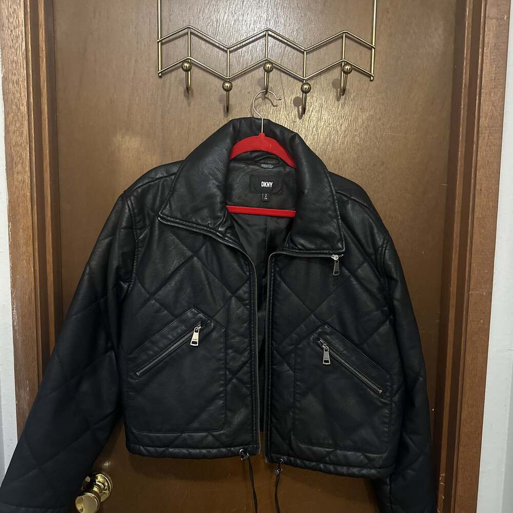 DKNY Quilted Black Faux Leather Boxy Cropped Moto Motorcycle Jacket